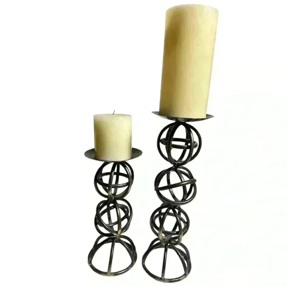 Modern Metal Orb Candle Holders Set of 2 - Rustic Black Finish - Picture 1 of 6